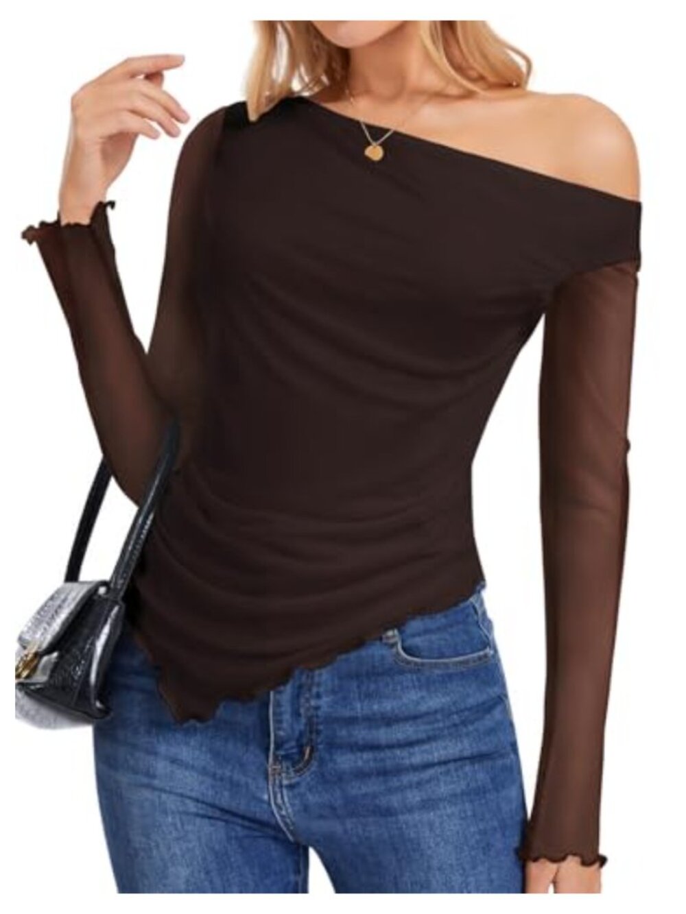 Womens Off Shoulder Mesh Long Sleeve Ruched Asymmetrical Blouse